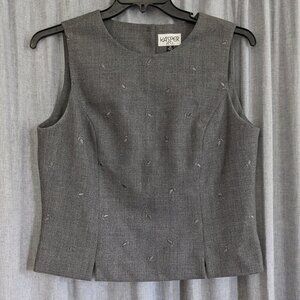 VTG Academia Preppy Vest Women's 16 Gray Wool Embroidered Office Wear Professor